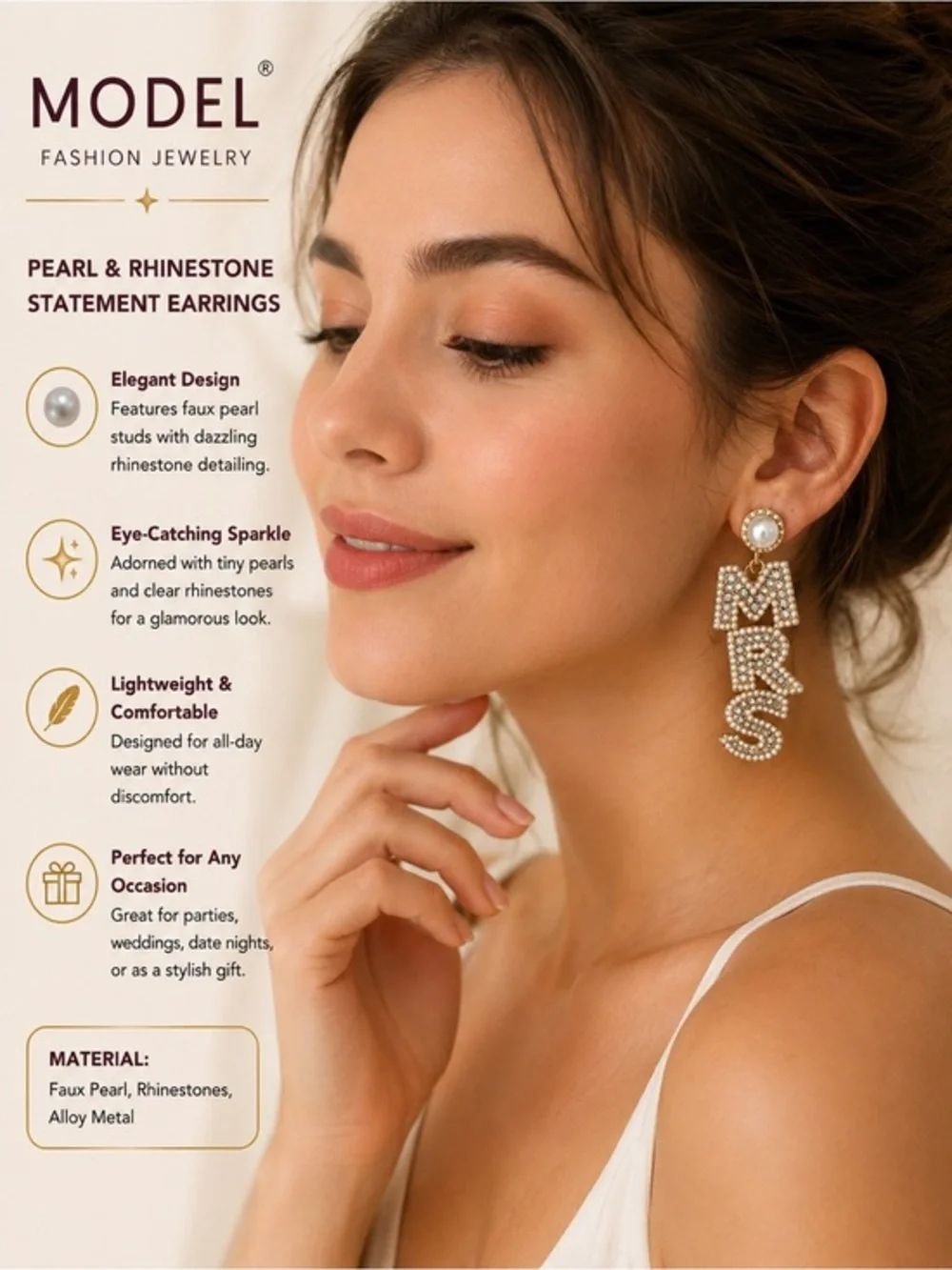 Pearl & Rhinestone “MRS” Statement Earrings – New